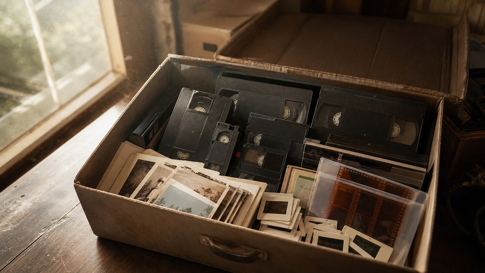 Boîte de souvenirs contenant des cassettes vidéo, diapositives, négatifs et photos anciennes