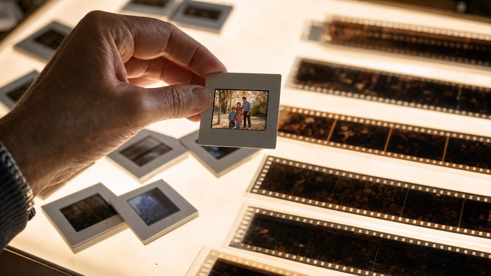 Diapositives et négatifs photo rétroéclairés prêts à être numérisés