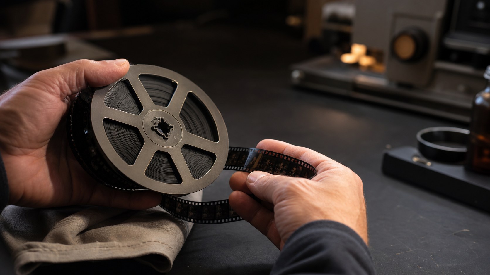 Bobine Super 8 ancienne inspectée avec soin avant numérisation