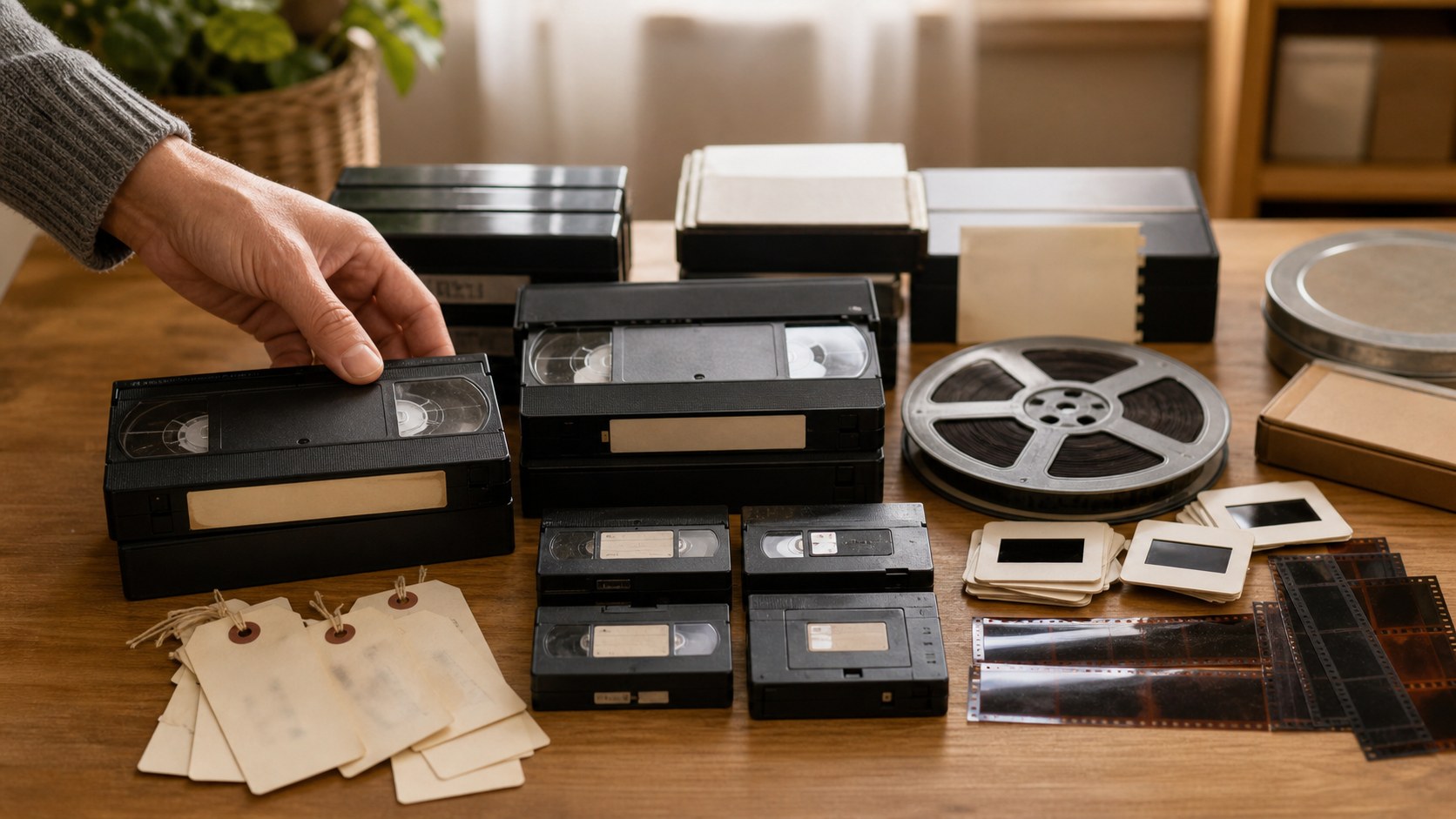 Supports vidéo et photo anciens regroupés avec soin avant demande de devis