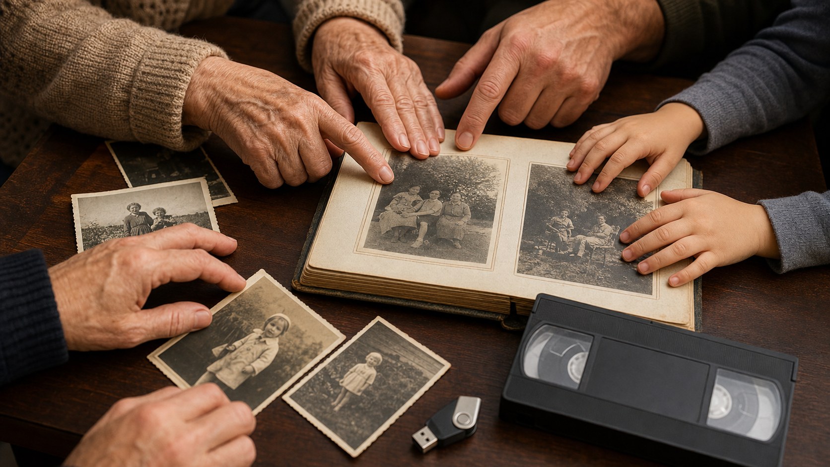 Album photo ancien partagé entre plusieurs générations avec cassette VHS et clé USB