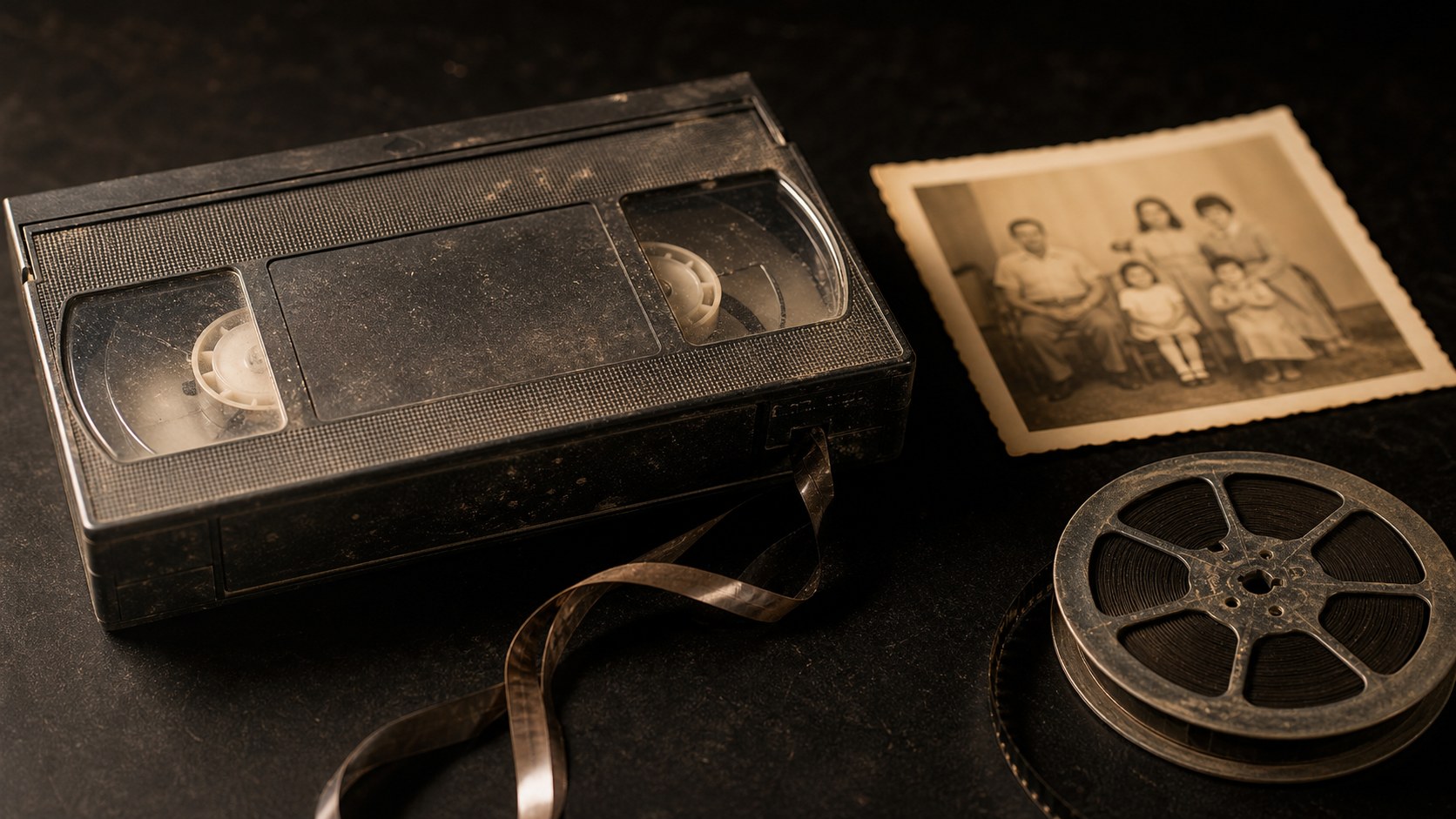 Cassette VHS ancienne abîmée avec bande sortie et photo familiale ancienne